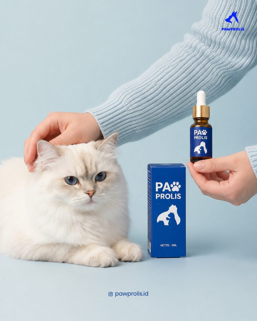 Kucing putih dielus pemiliknya yang memegang botol Pawprolis