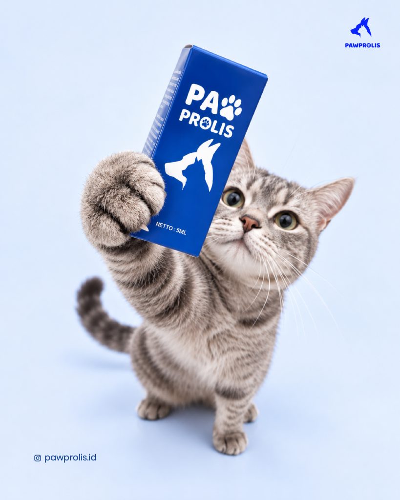 Kucing memegang kemasan Pawprolis